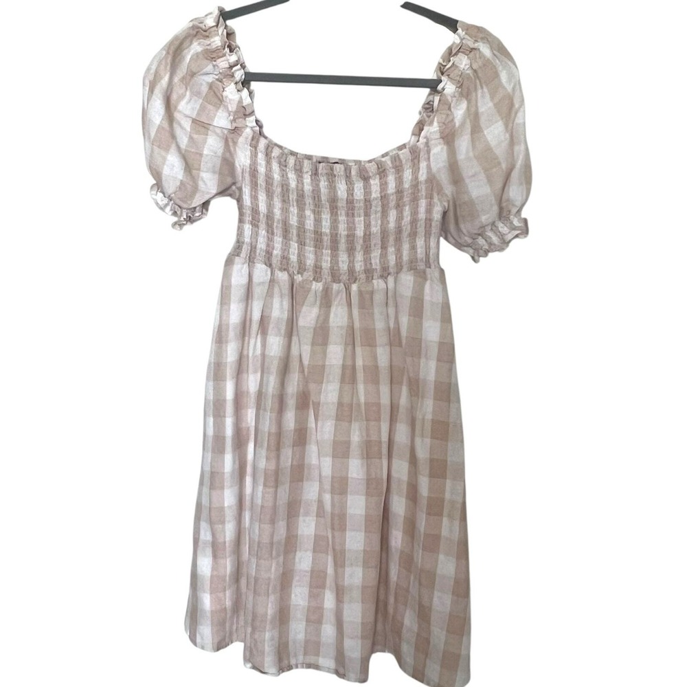 House of Harlow Revolve Women's Gingham Linen Cottage Core Dress Cream Mediun‎